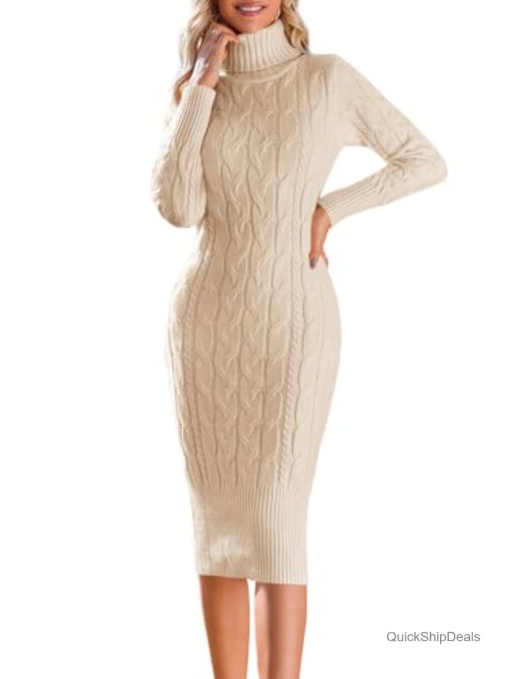 Turtleneck Bodycon Sweater Dress Long Sleeve Cable Knit Midi Fall Winter